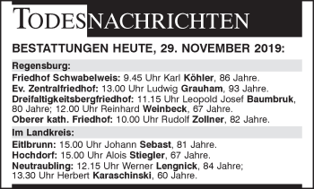Traueranzeige von Bestattungen vom 29.11.2019 von Mittelbayerische Zeitung Regensburg