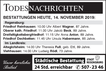 Traueranzeige von Sterbetafel vom 14.11.2019 von Mittelbayerische Zeitung Regensburg