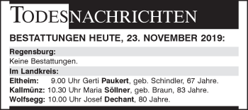 Traueranzeige von Todesnachrichten vom 23.11.2019 von Mittelbayerische Zeitung Regensburg