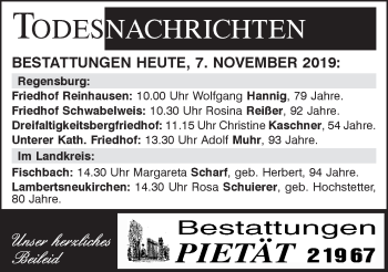 Traueranzeige von Totentafel vom 07.11.2019 von Mittelbayerische Zeitung Regensburg