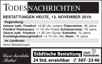 Traueranzeige von Totentafel vom 13.11.2019 von Mittelbayerische Zeitung Regensburg