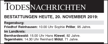 Traueranzeige von Totentafel vom 20.11.2019 von Mittelbayerische Zeitung Regensburg