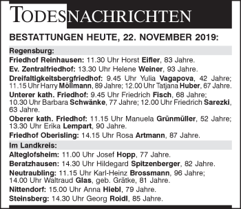 Traueranzeige von Totentafel vom 22.11.2019 von Mittelbayerische Zeitung Regensburg