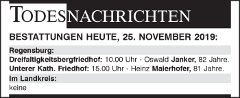 Traueranzeige von Totentafel vom 25.11.2019 von Mittelbayerische Zeitung Regensburg