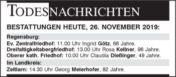 Traueranzeige von Totentafel vom 26.11.2019 von Mittelbayerische Zeitung Regensburg