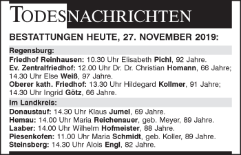 Traueranzeige von Totentafel vom 27.11.2019 von Mittelbayerische Zeitung Regensburg
