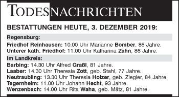 Traueranzeige von Bestattungen vom 03.12.2019 von Mittelbayerische Zeitung Regensburg