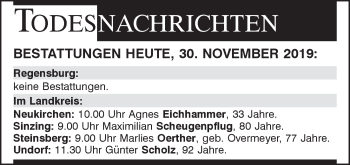 Traueranzeige von Bestattungen vom 30.11.2019 von Mittelbayerische Zeitung Regensburg