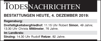 Traueranzeige von Totentafel vom 04.12.2019 von Mittelbayerische Zeitung Regensburg