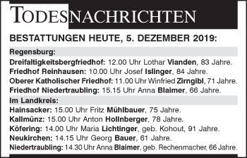 Traueranzeige von Totentafel vom 05.12.2019 von Mittelbayerische Zeitung Regensburg