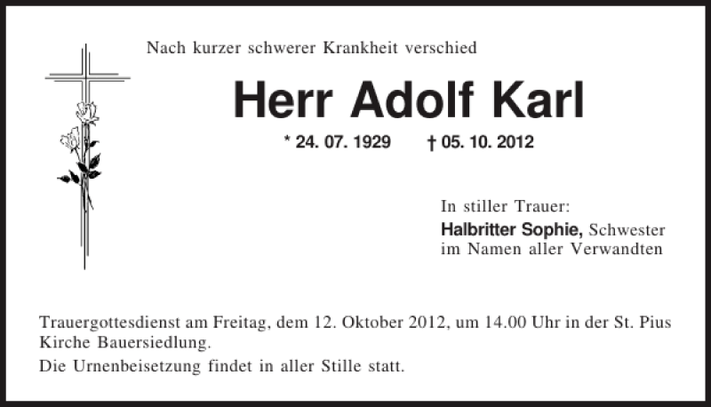  Traueranzeige für Adolf Karl vom 09.10.2012 aus Mittelbayerische Zeitung