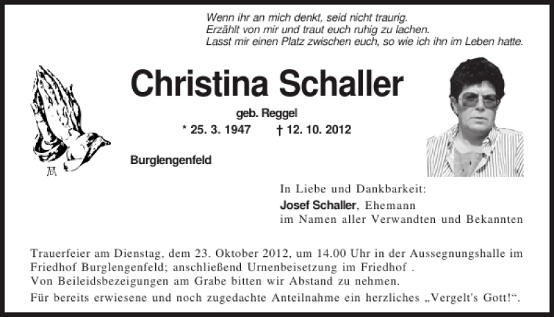  Traueranzeige für Christina Schaller vom 22.10.2012 aus Mittelbayerische Zeitung