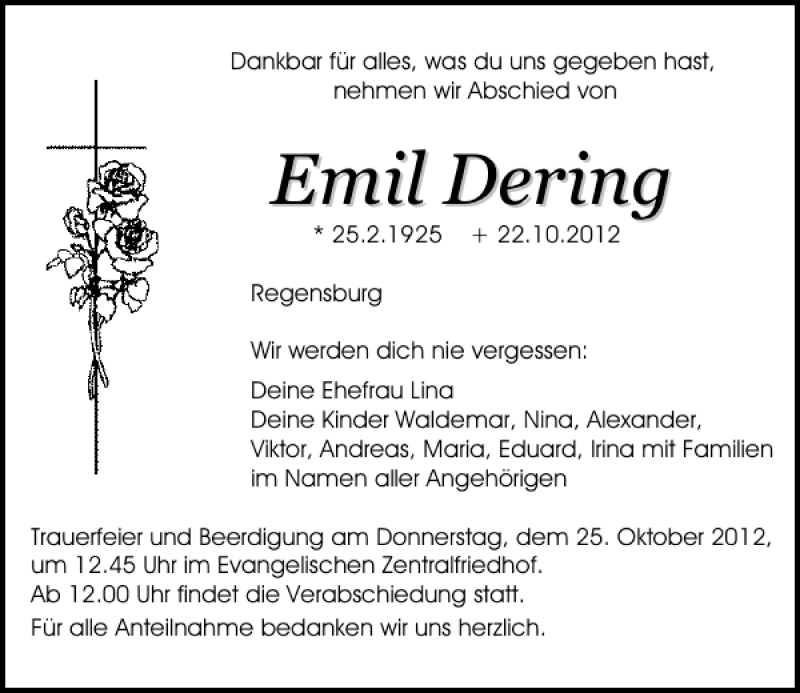 Traueranzeige für Emil Dering vom 23.10.2012 aus Mittelbayerische Zeitung