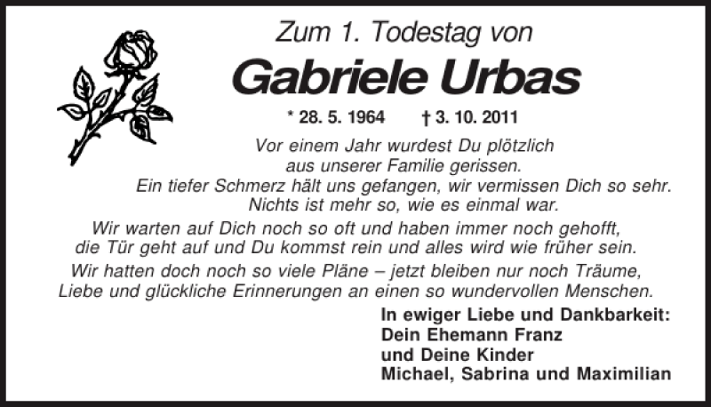  Traueranzeige für Gabriele Urbas vom 04.10.2012 aus Mittelbayerische Zeitung