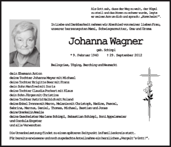 Traueranzeige von Johanna Wagner von Mittelbayerische Zeitung