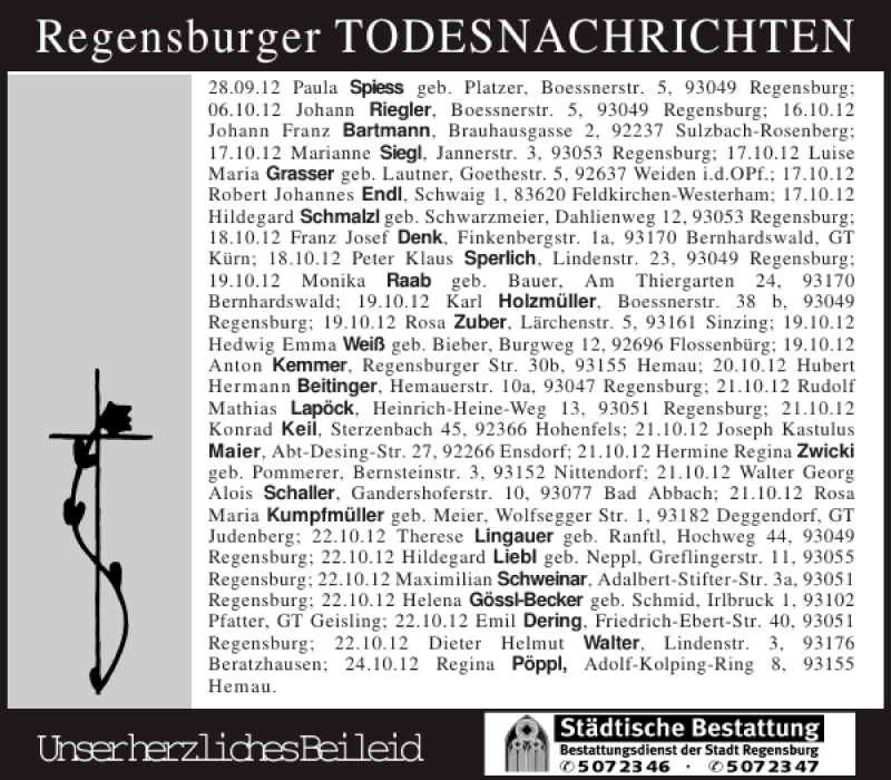  Traueranzeige für Regensburger TODESNACHRICHTEN vom 30.10.2012 aus Mittelbayerische Zeitung