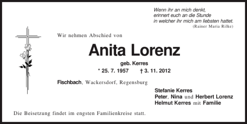  Traueranzeige für Anita Lorenz vom 07.11.2012 aus Mittelbayerische Zeitung
