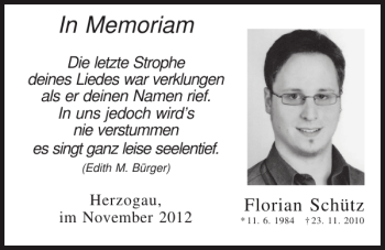 Traueranzeige von Florian Schütz von Mittelbayerische Zeitung