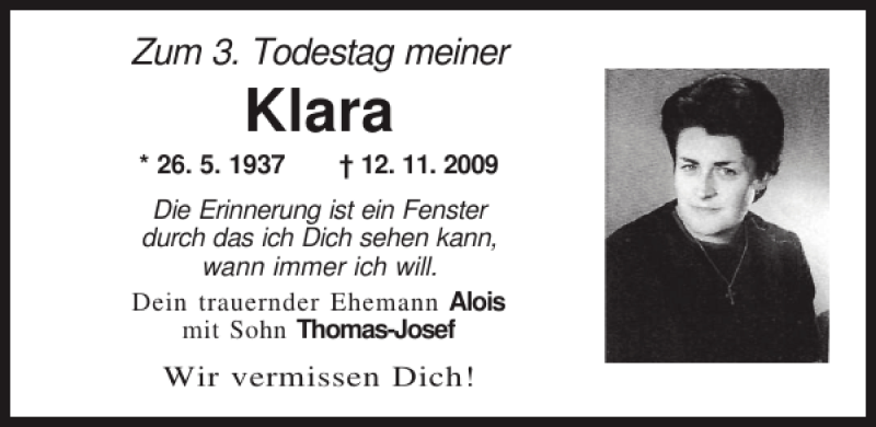  Traueranzeige für Klara  vom 13.11.2012 aus Mittelbayerische Zeitung