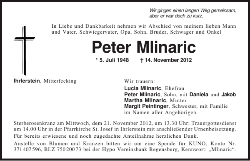  Traueranzeige für Peter Mlinaric vom 17.11.2012 aus Mittelbayerische Zeitung