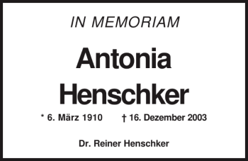 Traueranzeige von Antonia Henschker von Mittelbayerische Zeitung