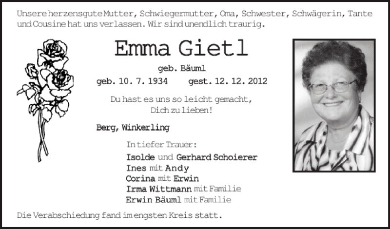 Traueranzeigen von Frau Emma Gietl | Mittelbayerische Trauer