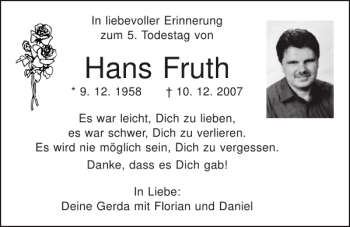 Traueranzeige von Hans Fruth von Mittelbayerische Zeitung