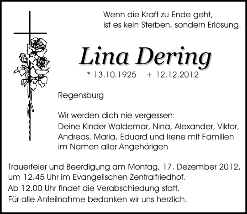  Traueranzeige für Lina Dering vom 15.12.2012 aus Mittelbayerische Zeitung