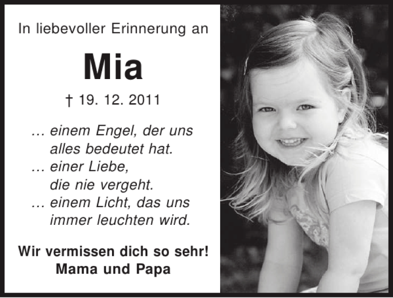  Traueranzeige für Mia  vom 19.12.2012 aus Mittelbayerische Zeitung
