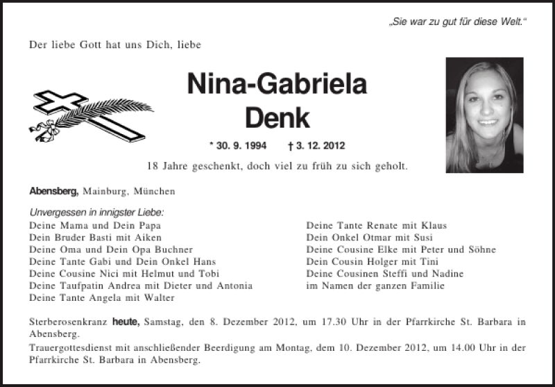 Traueranzeige für Nina Denk vom 08.12.2012 aus Mittelbayerische Zeitung