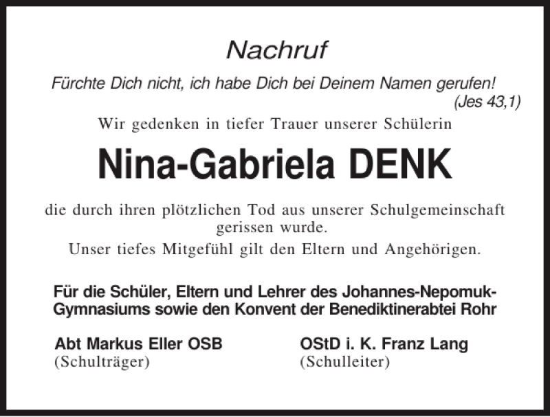  Traueranzeige für Nina Denk vom 08.12.2012 aus Mittelbayerische Zeitung