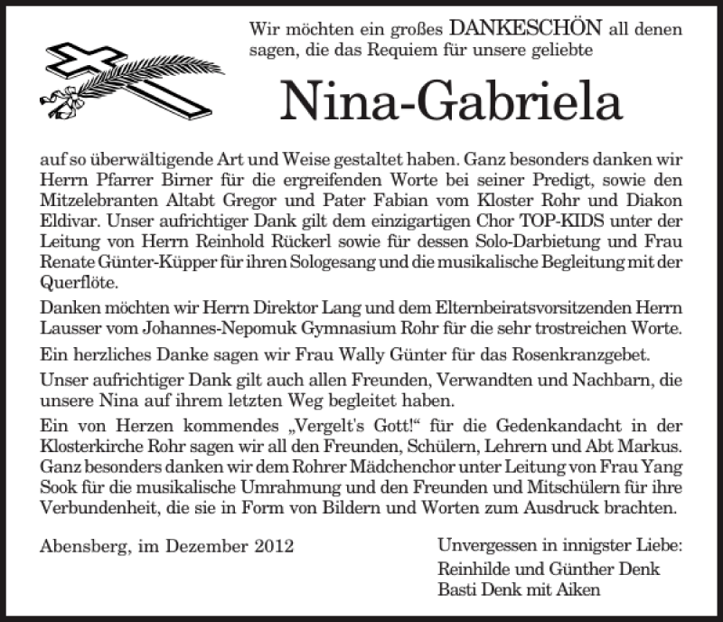  Traueranzeige für Nina Denk vom 21.12.2012 aus Mittelbayerische Zeitung