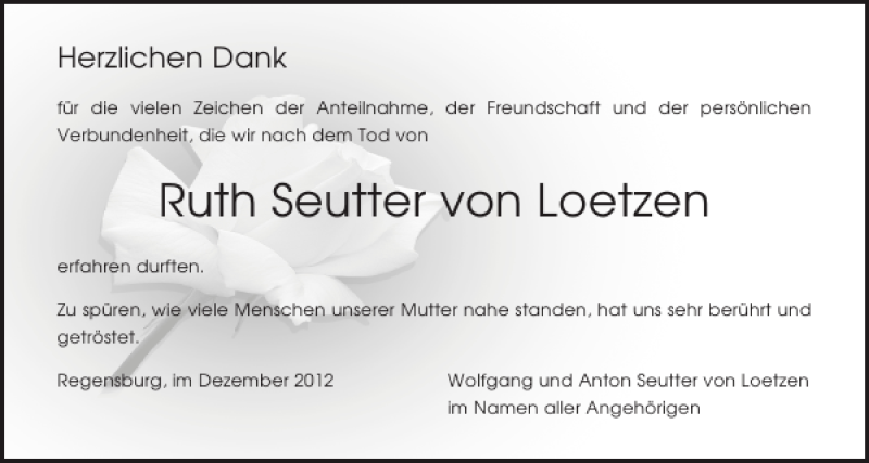  Traueranzeige für Ruth Seutter von Loetzen vom 22.12.2012 aus Mittelbayerische Zeitung