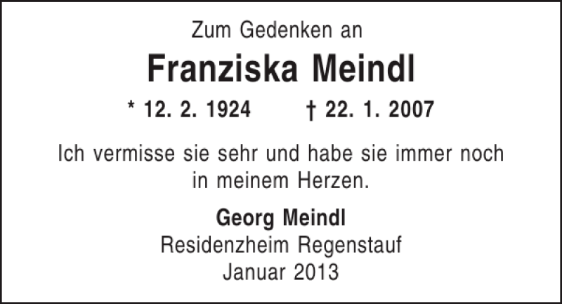  Traueranzeige für Franziska Meindl vom 26.01.2013 aus Mittelbayerische Zeitung