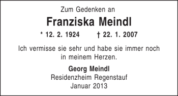 Traueranzeige von Franziska Meindl von Mittelbayerische Zeitung