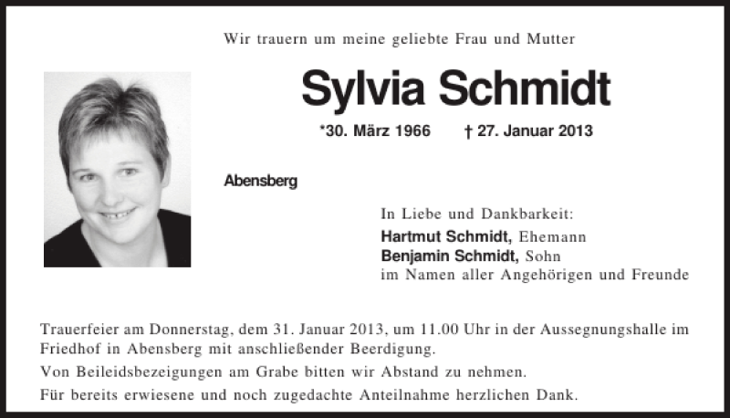  Traueranzeige für Sylvia Schmidt vom 29.01.2013 aus Mittelbayerische Zeitung