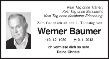 Traueranzeige von Werner Baumer von Mittelbayerische Zeitung