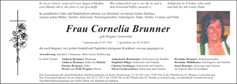  Traueranzeige für Arnschwang Cornelia Brunner vom 31.10.2013 aus Mittelbayerische Zeitung
