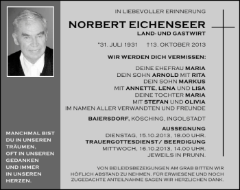 Traueranzeige von Baiersdorf Norbert Eichenseer von Mittelbayerische Zeitung