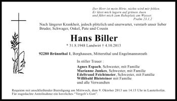 Traueranzeige von Brünnthal Hans Biller von Mittelbayerische Zeitung