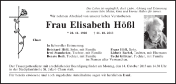Traueranzeige von Cham Elisabeth Hößl von Mittelbayerische Zeitung