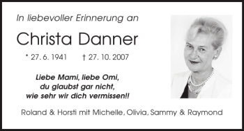 Traueranzeige von Christa Danner von Mittelbayerische Zeitung