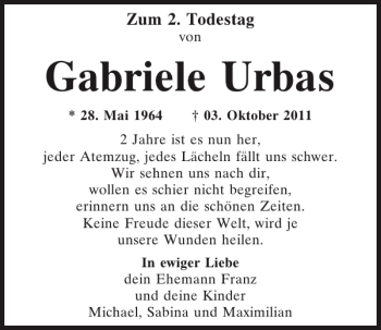 Traueranzeige von Gabriele Urbas von Mittelbayerische Zeitung