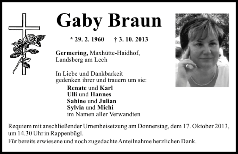  Traueranzeige für Germering Gaby Braun vom 15.10.2013 aus Mittelbayerische Zeitung