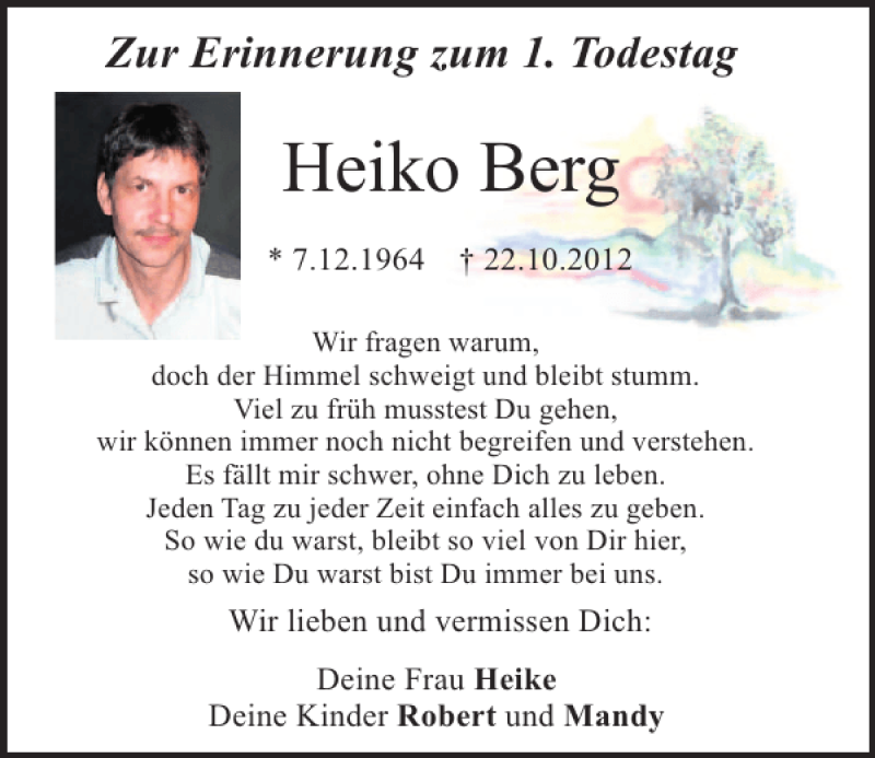  Traueranzeige für Heiko Berg vom 22.10.2013 aus Mittelbayerische Zeitung