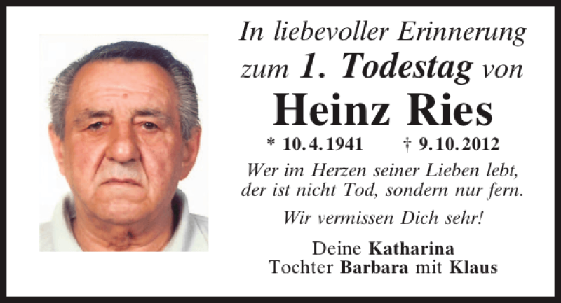  Traueranzeige für Heinz Ries vom 09.10.2013 aus Mittelbayerische Zeitung