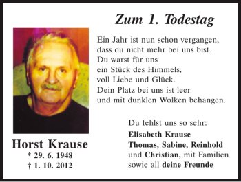 Traueranzeige von Horst Krause von Mittelbayerische Zeitung