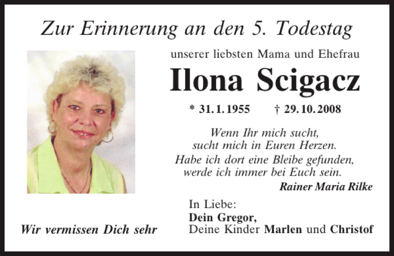  Traueranzeige für Ilona Scigacz vom 29.10.2013 aus Mittelbayerische Zeitung