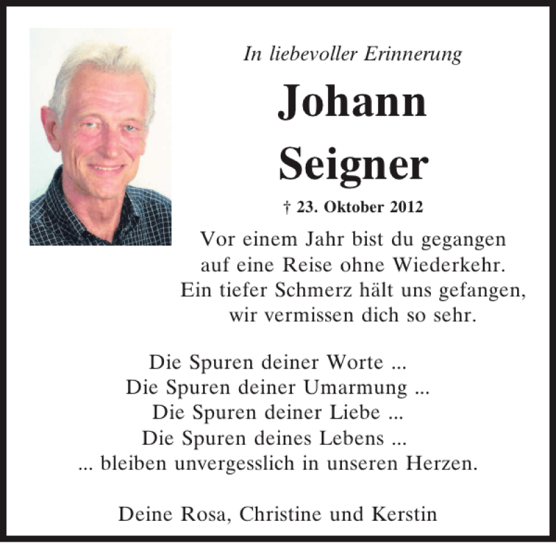  Traueranzeige für Johann Seigner vom 23.10.2013 aus Mittelbayerische Zeitung