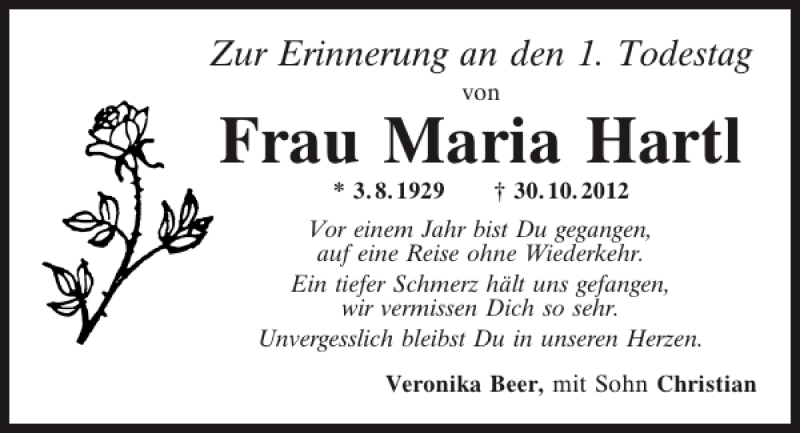  Traueranzeige für Maria Hartl vom 30.10.2013 aus Mittelbayerische Zeitung